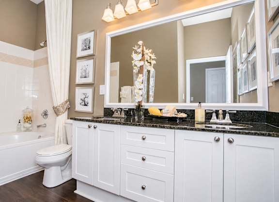 A bathroom with a white toilet and a large mirror above a vanity.