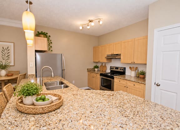 A kitchen with a granite countertop and wooden cabinets.