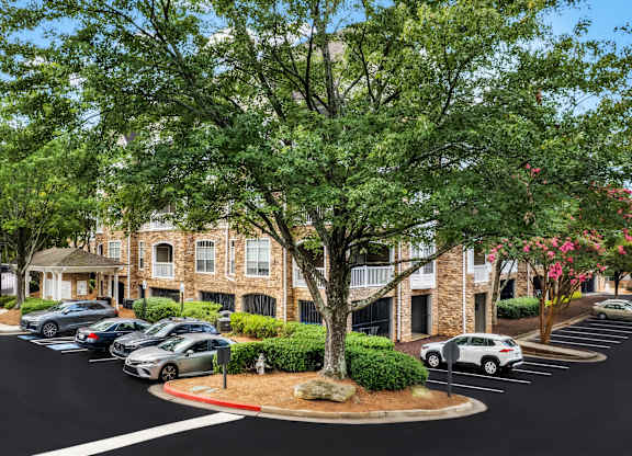 A tree in front of a building with cars parked in the parking lot.