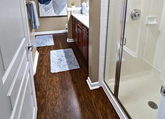 A bathroom with a walk in shower and a white door.