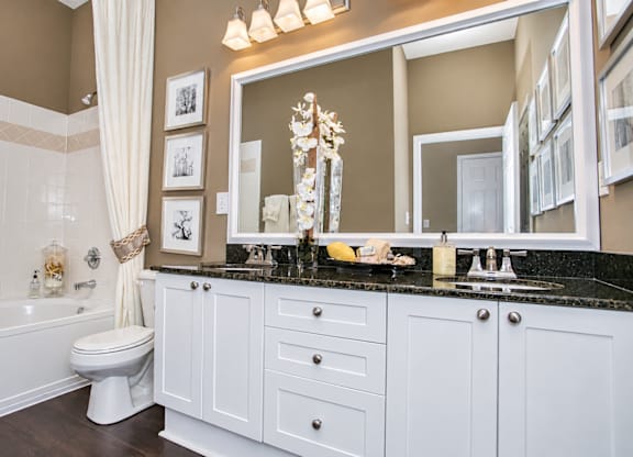 A bathroom with a white toilet and a large mirror above a vanity.