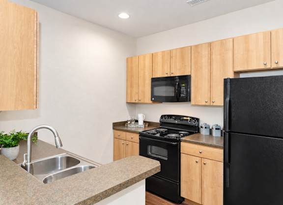 A kitchen with black appliances and wooden cabinets.