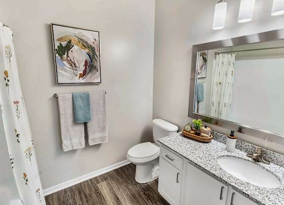 A bathroom with a toilet, sink, and a mirror.