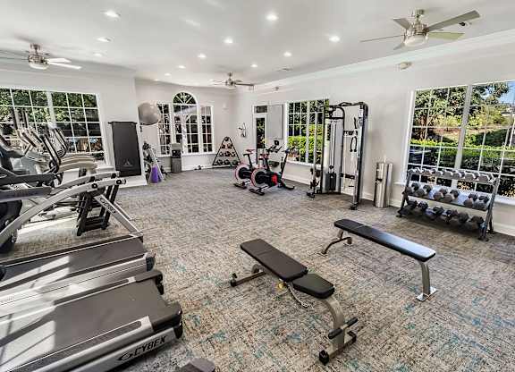 A spacious home gym with a variety of equipment including treadmills, weights, and a bench.