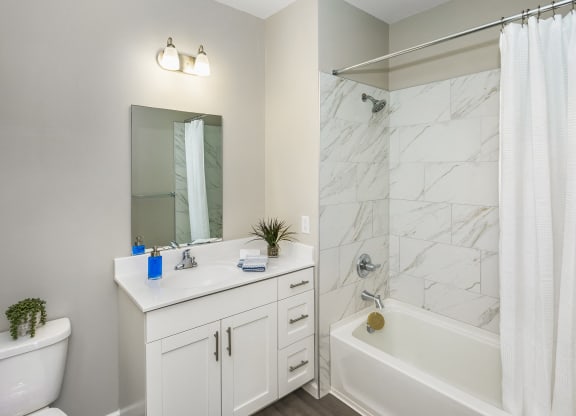 a bathroom with a sink toilet and shower and a bath tub at Eden & Main 55+ Apartments, Southington , CT
