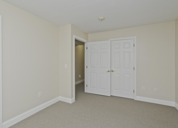 a bedroom with two closets and a door to a hallway