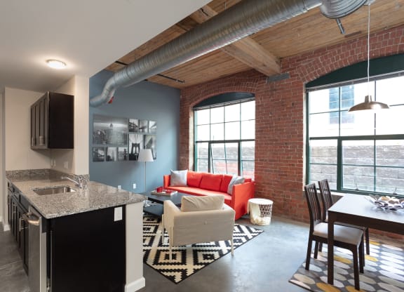 a living room and kitchen at Cherry Street Lofts, Bridgeport