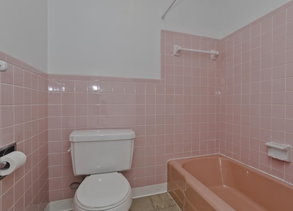 a pink bathroom with a toilet and a tub at Park Edge, Massachusetts, 13502