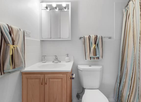 a small bathroom with a toilet and a sink at St Charles Square Apartments, Carol Stream, IL