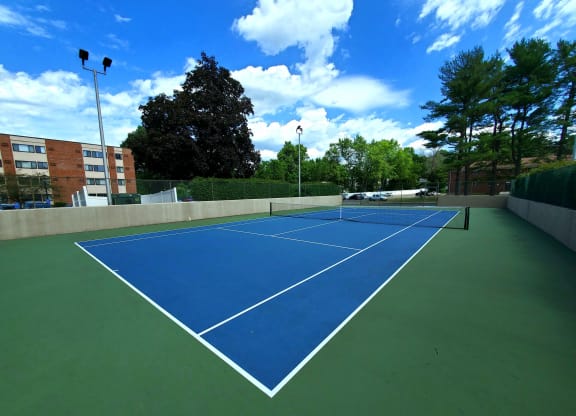 a blue and green tennis court on a sunny day at Stepny Place, Connecticut