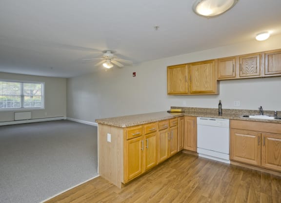 an empty kitchen with wooden cabinets and a counter top