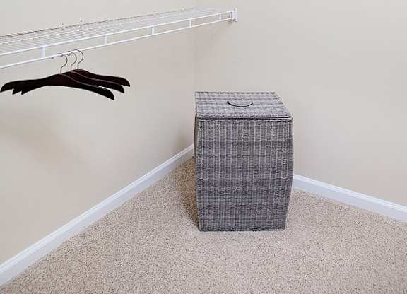 A room with a hanger and a box on the floor.