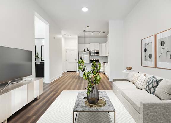 A modern living room with a grey sofa, a wooden cabinet, a television, and a potted plant on a glass table.