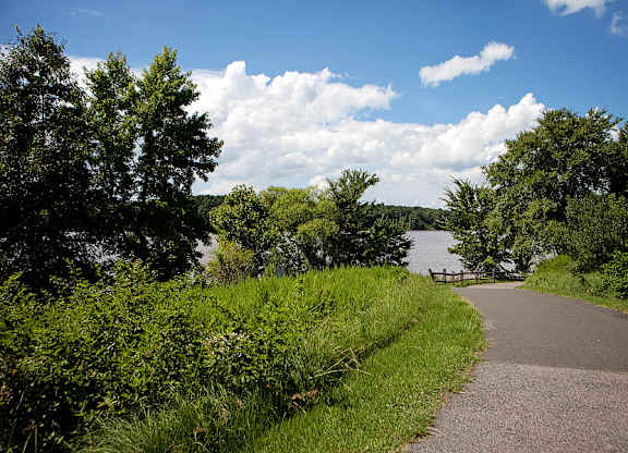 A pathway leads through a grassy area to a body of water.