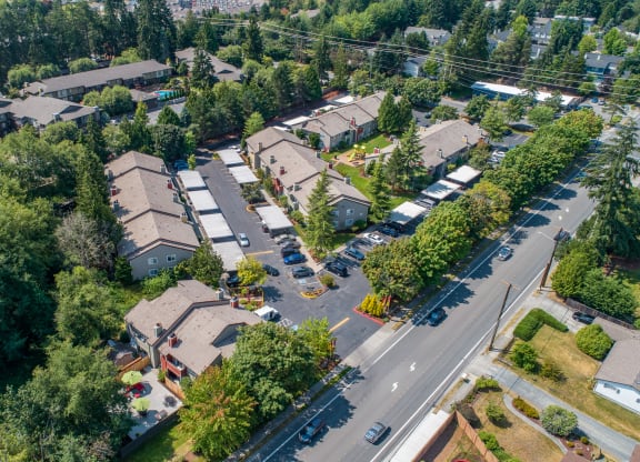 an aerial view of a neighborhood with houses and trees at Quartz Creek, Mountlake Terrace