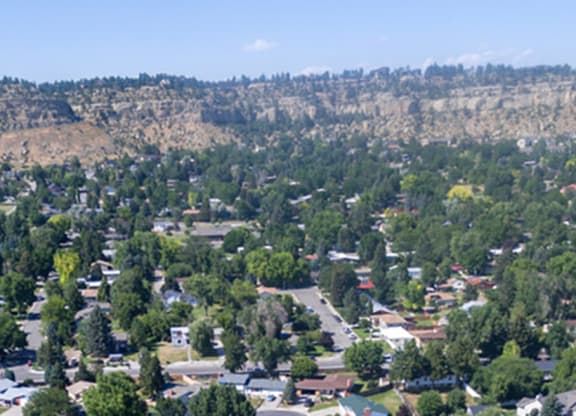 an aerial view of a city with trees and houses at Rock Creek, Montana