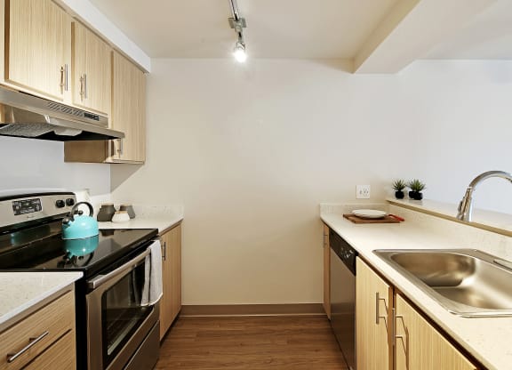 a kitchen with wooden cabinets and a sink and a stove  at Townside Flats, Redmond, 98052