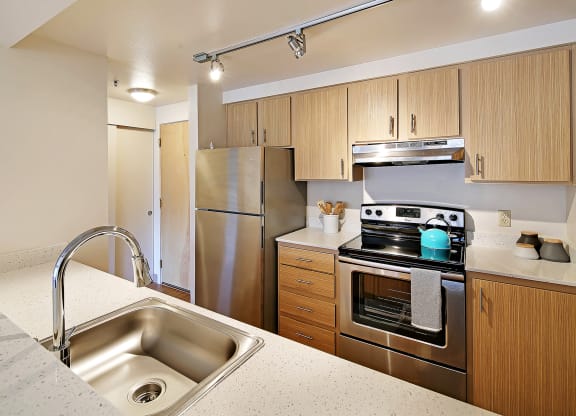a kitchen with stainless steel appliances and a sink  at Townside Flats, Redmond, Washington