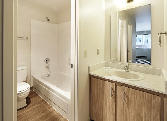 a bathroom with a toilet sink and tub and a mirror