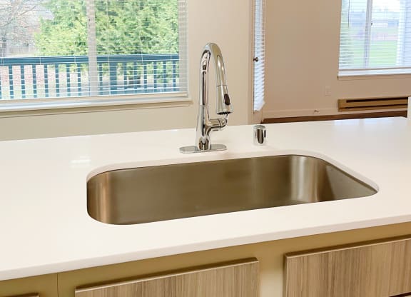 Stainless steel kitchen sink surrounded by white countertops in front of large windows looking at the balcony and nature.at The Trail, Snohomish, WA