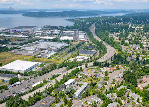 Birds-eye view of the surrounding area, including Seattle and Lake Washington.