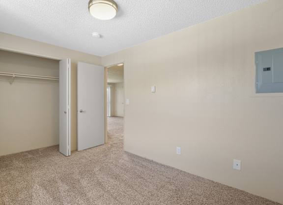 A room with a carpeted floor and a ceiling light.