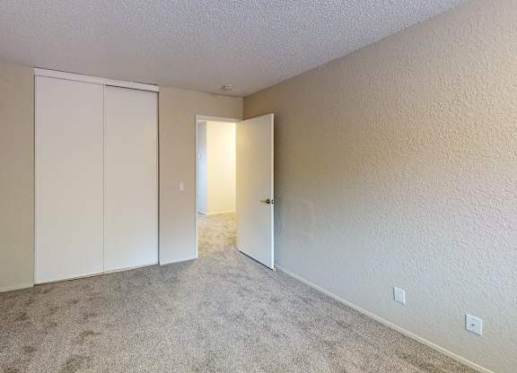 Two-bedroom apartment at Peak 88 Apartments Renton WA with cozy carpet flooring and white sliding closet doors.