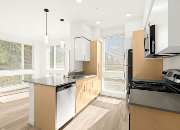 a kitchen with an island and a stove and a window at The Duo, Washington