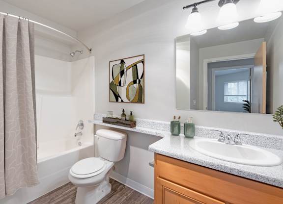 A bathroom with a white toilet, a sink, and a mirror.
