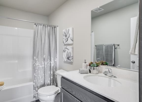 Full Bathroom with grey cabinets and full sized tub and shower combination. at Altitude, Washington