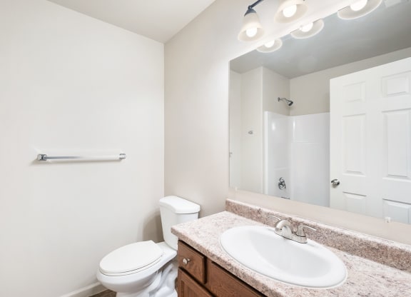 A bathroom with a sink, toilet, mirror, towel rack and above mirror lighting. at Pine Tree Park, Kennewick