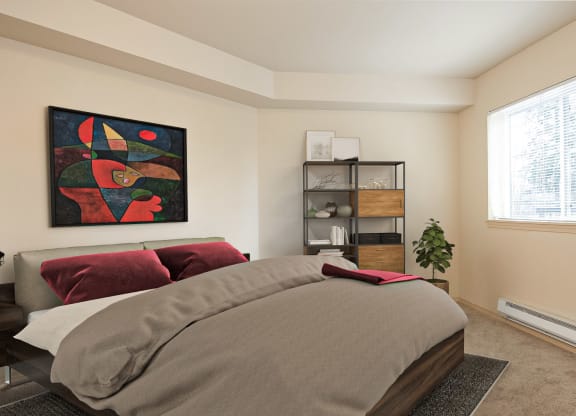 Carpeted bedroom with a queen size bed, abstract painting, shelving unit, and a window at 6 Wood Flats, Lacey, 98503