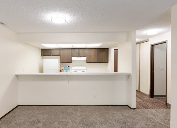 the living room and kitchen of a 560 sq ft apartment