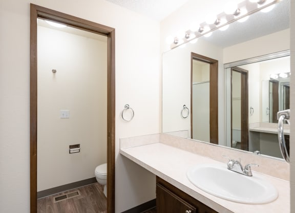 the preserve at ballantyne commons apartment bathroom with sink and mirror