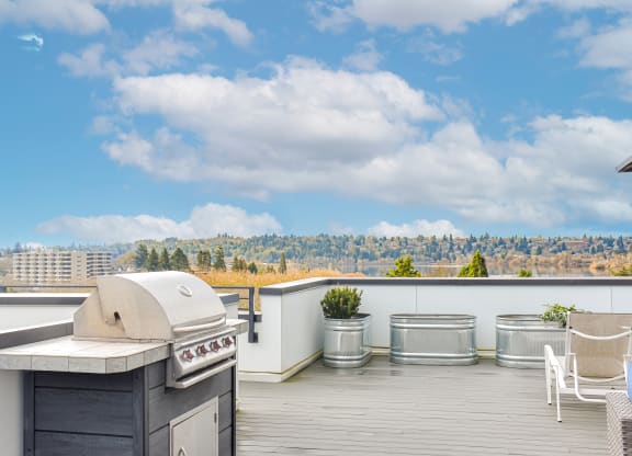 a roof deck with a barbecue grill and a view of the city