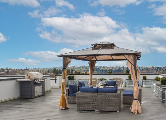 a rooftop terrace with a gazebo and couches on a roof