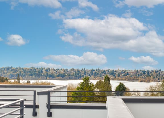 the view of the lake from the roof of a building