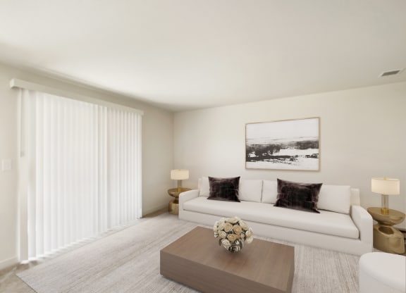 a living room with white walls and a large window  at Brix, Washington, 99362