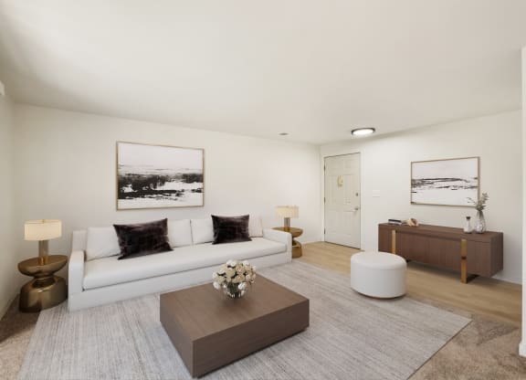 a living room with white walls and a white couch  at Brix, Washington, 99362