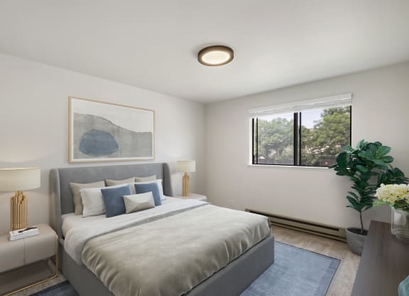 a bedroom with a large bed and a large window  at Brix, Washington