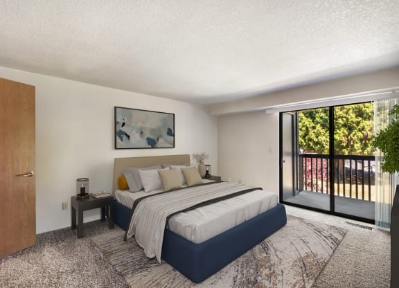 a bedroom with a bed and a sliding glass door at Cedarwood, Wenatchee, WA