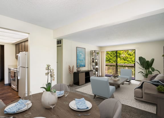 a living room with a wooden table and chairs at Castlerock, Wenatchee, 98801