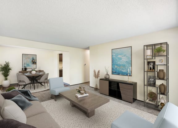 a rendering of a living room with a dining room in the background at Castlerock, Wenatchee