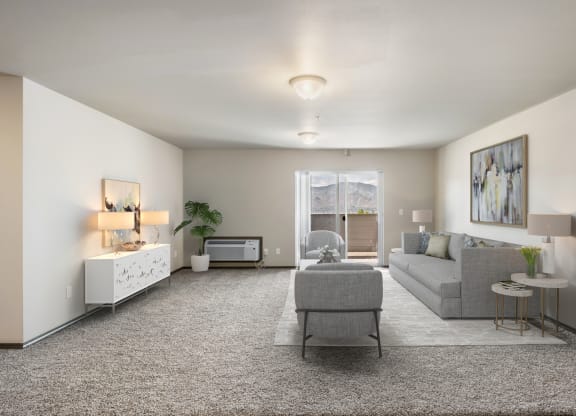 a living room with white walls and carpet  at Altitude, East Wenatchee, 98802