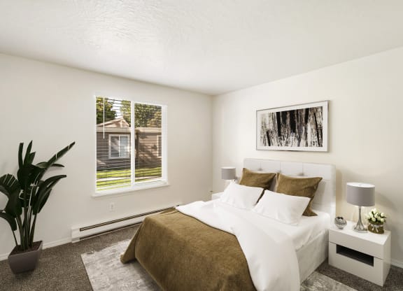 a bedroom with a large bed and a plant in a corner of the room at Park View Apartments, Washington