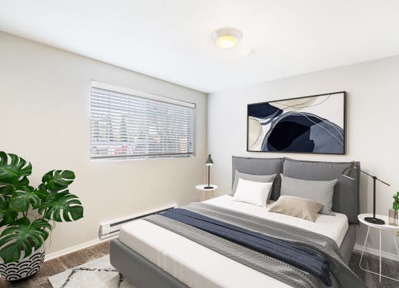 Carpeted bedroom with white walls, a window on the left wall. Staged with a bed, side tables, and a houseplant.at Capitol Crossing, Washington
