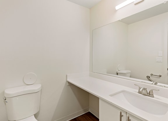A bathroom with a white vanity sink, under sink cabinets, a large mirror, and a toilet to the left. at Pointe East, Washington