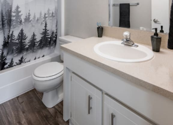 a bathroom with a shower and a sink and a toilet