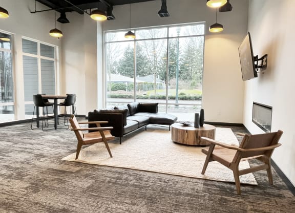 a living room with a couch and chairs and a television at The Duo, University Place
