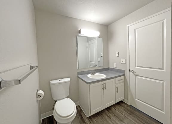 Bathroom with wood-like flooring, vanity sink, gray countertop, white cabinets, large mirror, toilet, and towel rack.at Quilceda Gardens, Marysville, Washington